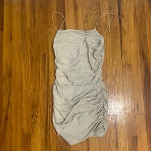 Tan ruched shimmer mini dress